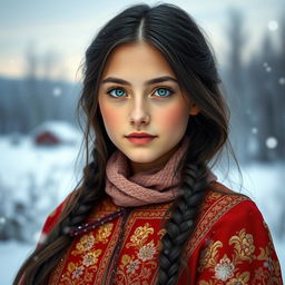 A portrait of a Russian girl, showcasing her striking features and traditional attire