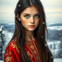 A portrait of a Russian girl, showcasing her striking features and traditional attire