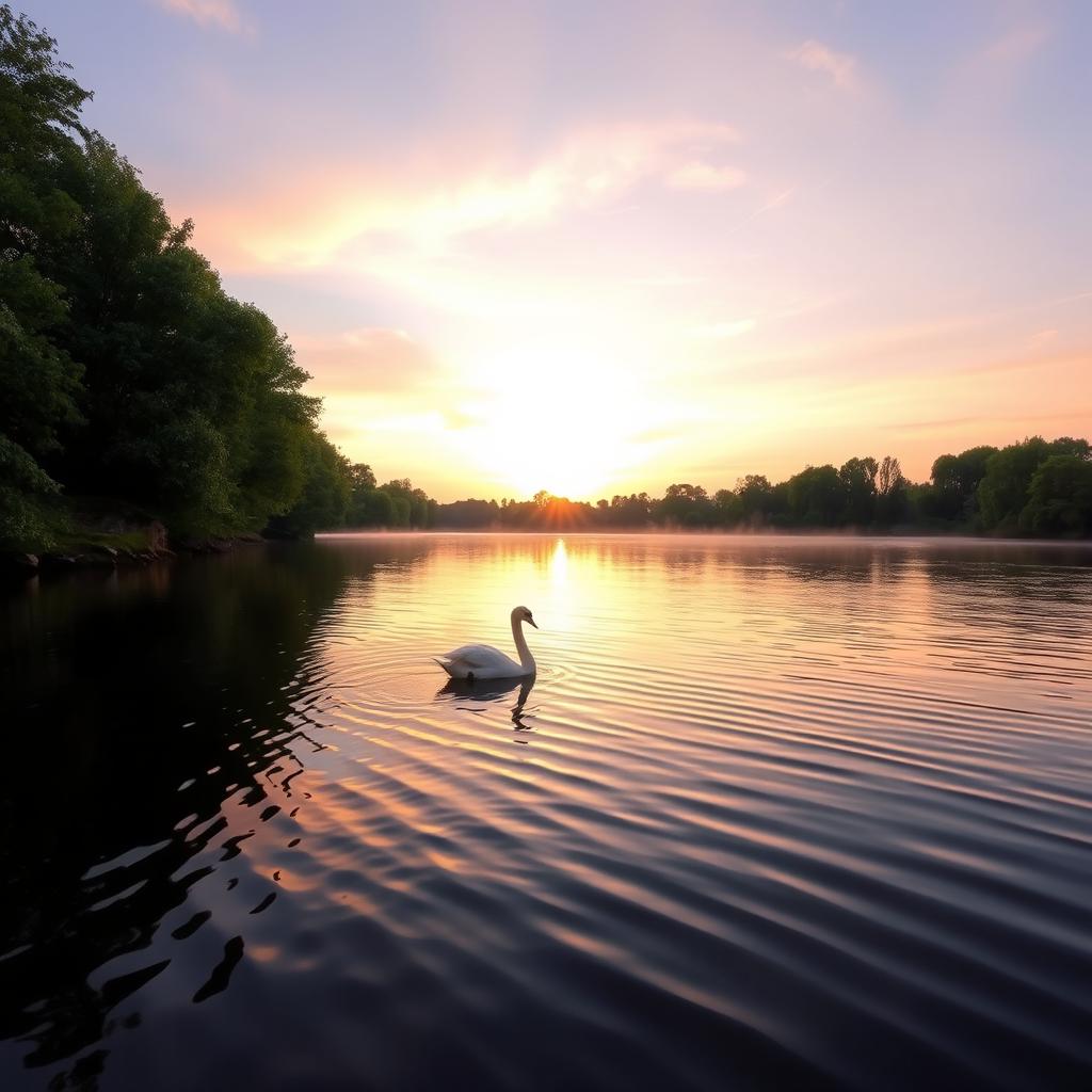 A beautiful sunrise over a tranquil lake, with gentle ripples on the water, surrounded by lush green trees
