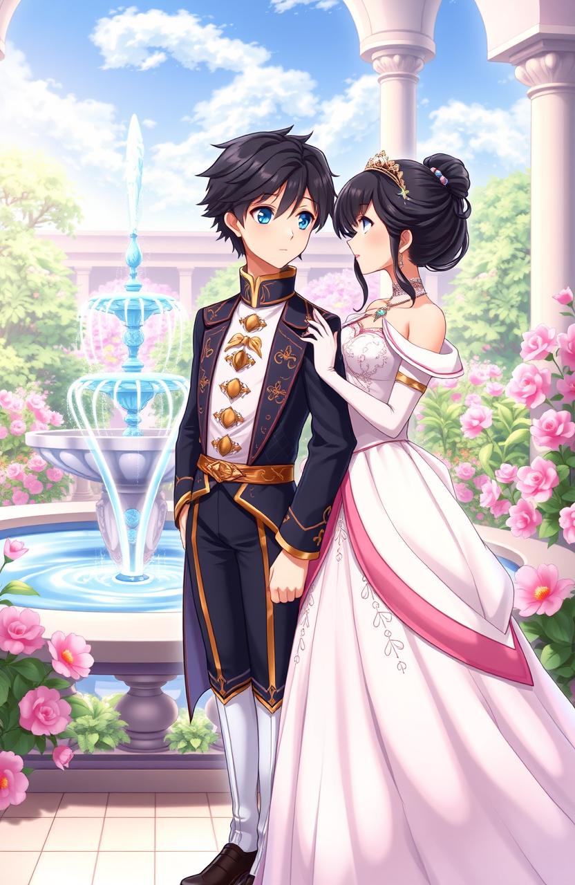 A young couple in a romantic setting, featuring a short gentleman with black hair and blue eyes dressed in elegant royal attire, standing confidently next to a princess with black hair and green eyes, wearing a beautiful gown