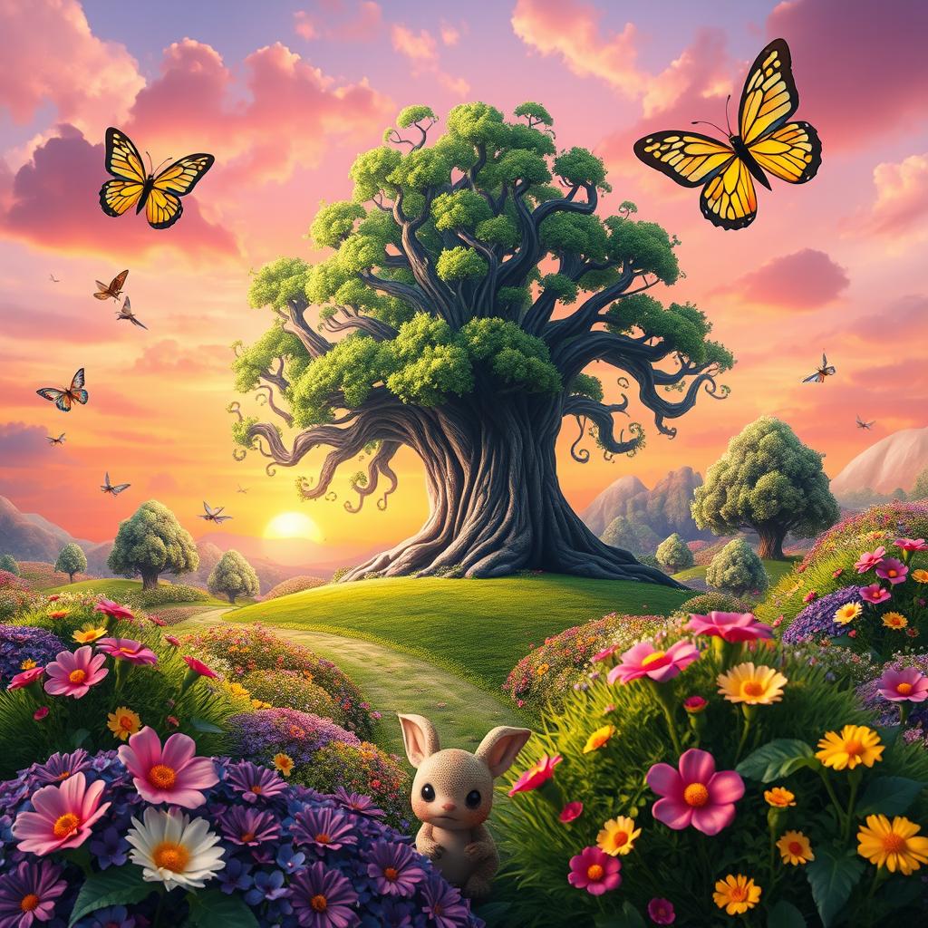 A vibrant and colorful fantasy landscape featuring a majestic, ancient tree at the center, surrounded by lush greenery and flowers in full bloom
