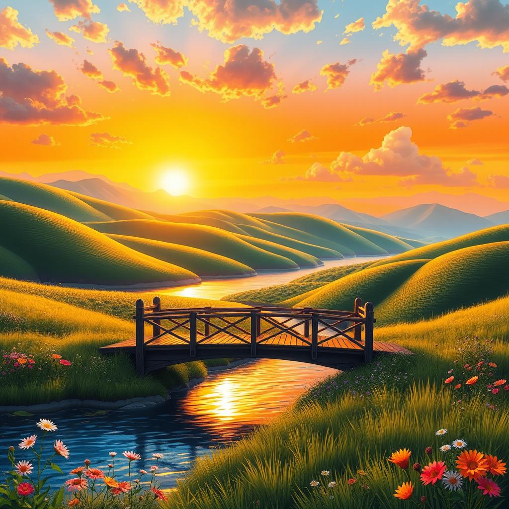 A vibrant and colorful digital artwork depicting a serene landscape during sunset, featuring rolling hills with lush green grass, a tranquil river reflecting the golden hues of the setting sun, and a bright orange sky with scattered fluffy clouds