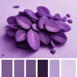 Generate an image showcasing a purple color palette, each shade labeled with a specific color name or number, ranging from soft lavender to deep eggplant.