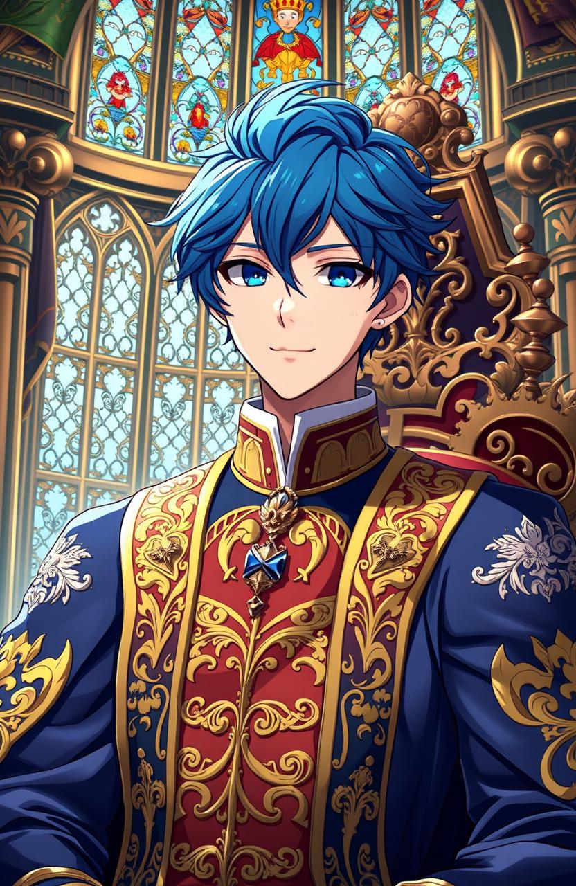 A striking anime-style illustration featuring a handsome king with short, stylish blue hair and captivating blue eyes