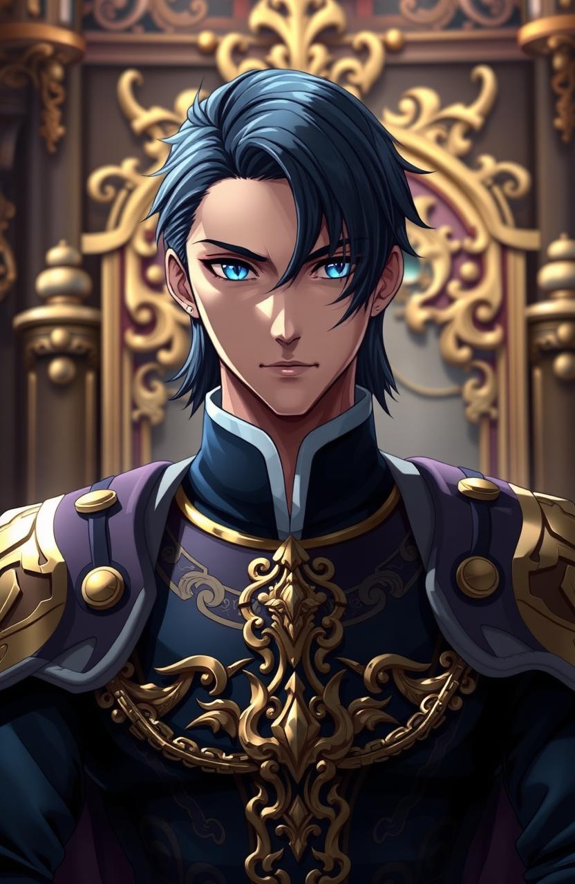 A handsome anime king with striking blue eyes and sleek black short hair