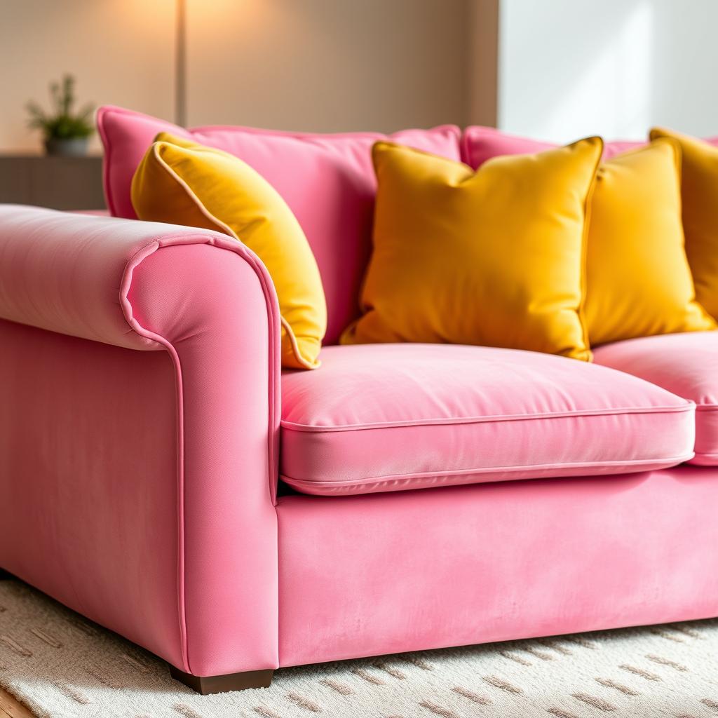 A stylish pink sofa with a slightly faded or dusty appearance, complemented by mustard yellow cushions