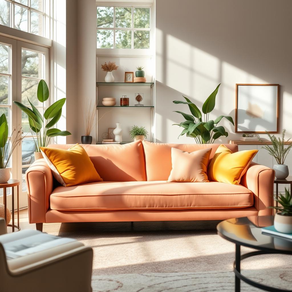 A stylish peach-colored upholstered sofa with mustard-colored cushions, elegantly placed in a chic, modern living room setting