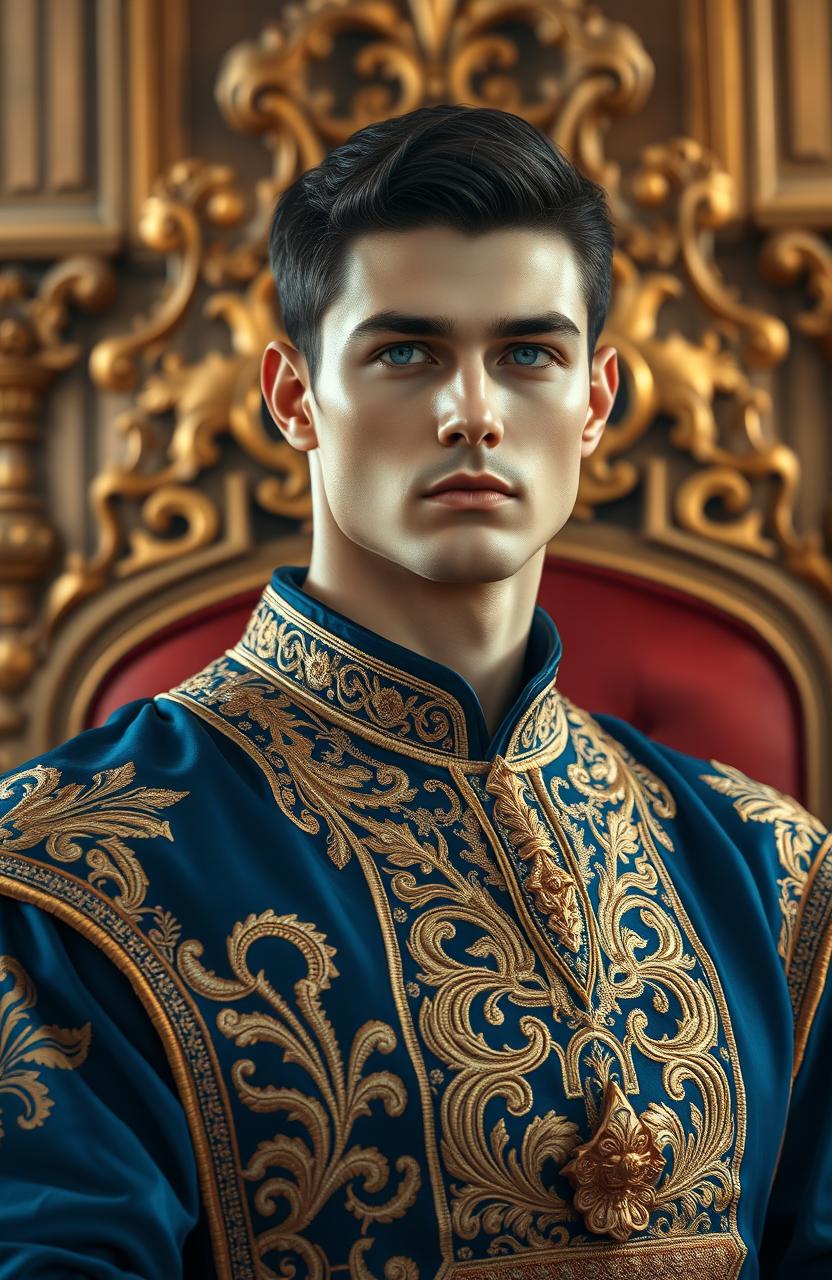 A handsome king with striking blue eyes and short black hair, exuding a cool and regal demeanor