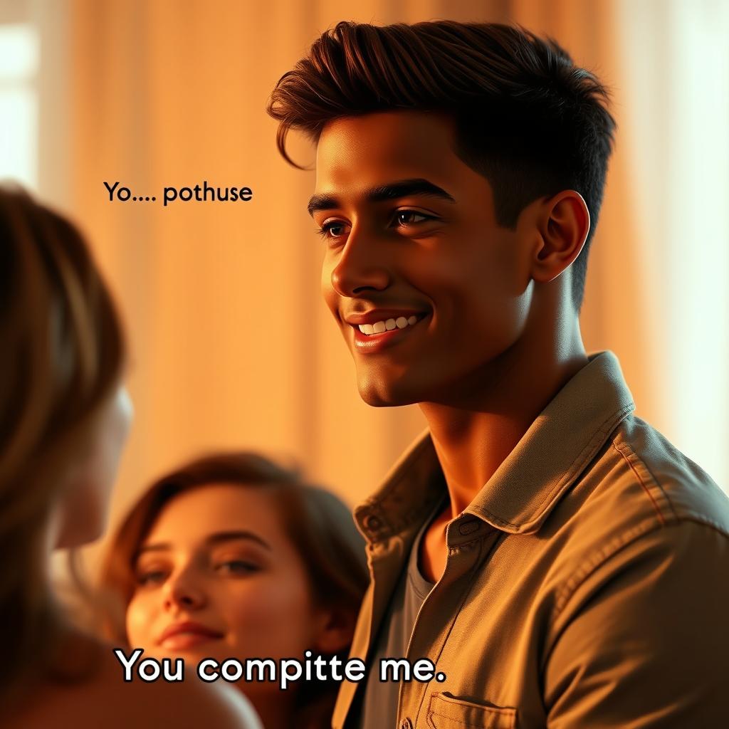 A handsome young man with a sharp nose and a tall physique, featuring a rich brown skin tone that transitions into a lighter shade