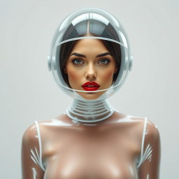A beautiful woman wearing a very tight colorless transparent latex catsuit that perfectly hugs her figure