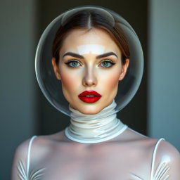 A beautiful woman wearing a very tight colorless transparent latex catsuit that perfectly hugs her figure