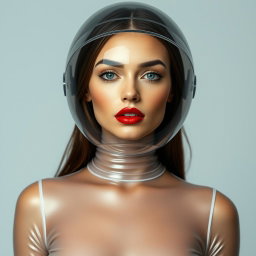 A beautiful woman wearing a very tight colorless transparent latex catsuit that perfectly hugs her figure