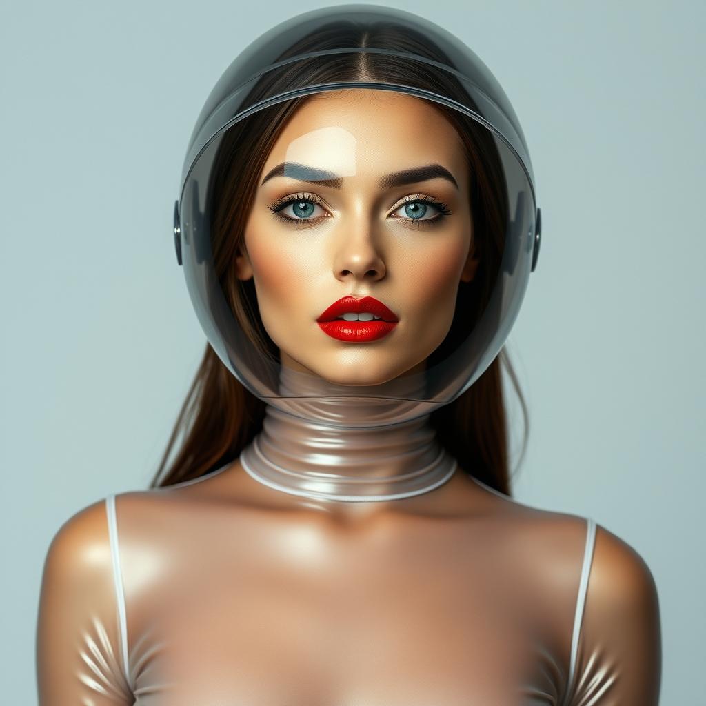 A beautiful woman wearing a very tight colorless transparent latex catsuit that perfectly hugs her figure