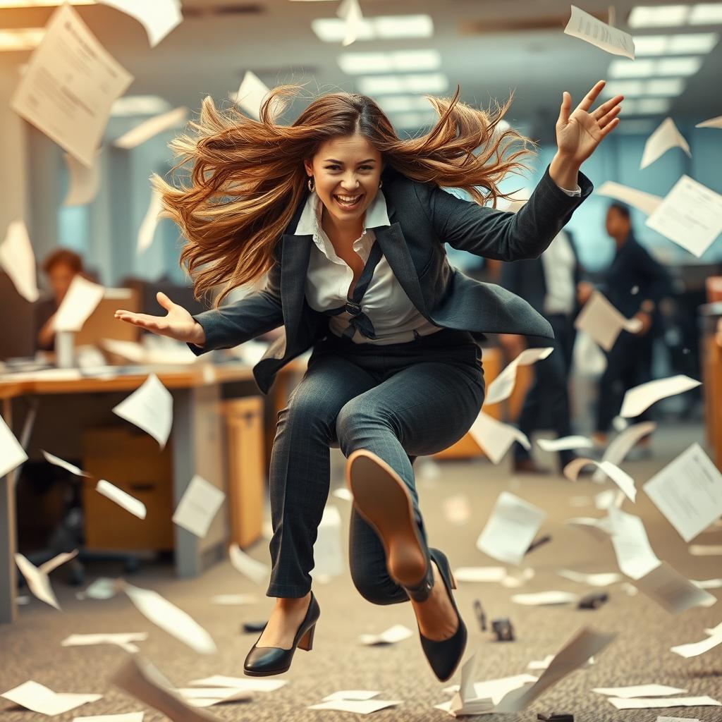 A woman in mid-fall, vividly depicted as she trips over her own feet, surrounded by a flurry of flying papers swirling around her in a dramatic action scene