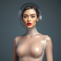 A beautiful woman showcased from the body to the hips, wearing a very tight colorless transparent latex catsuit that contours to her form