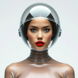 A beautiful woman showcased from the body to the hips, wearing a very tight colorless transparent latex catsuit that contours to her form