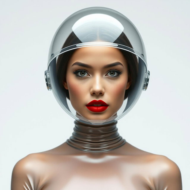 A beautiful woman showcased from the body to the hips, wearing a very tight colorless transparent latex catsuit that contours to her form