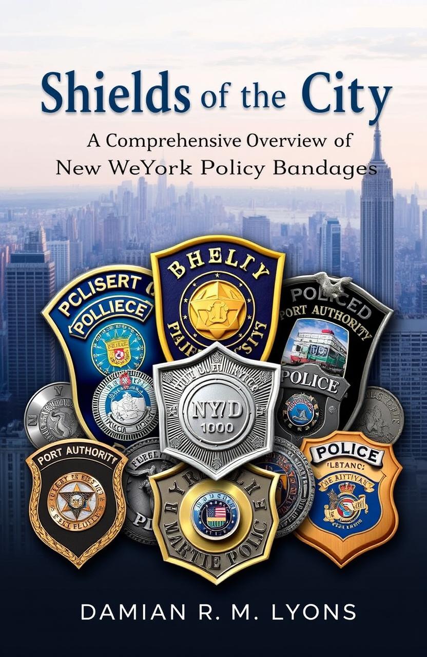 A detailed book cover for "Shields of the City: A Comprehensive Overview of New York City Police Badges" by Damian R