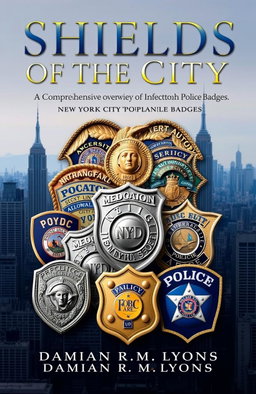 A detailed book cover for "Shields of the City: A Comprehensive Overview of New York City Police Badges" by Damian R