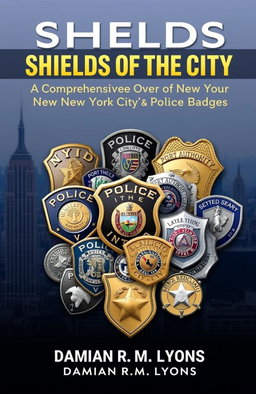 A detailed book cover for "Shields of the City: A Comprehensive Overview of New York City Police Badges" by Damian R