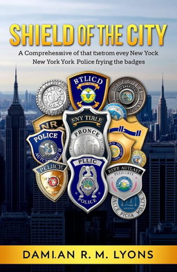 A detailed book cover for "Shields of the City: A Comprehensive Overview of New York City Police Badges" by Damian R