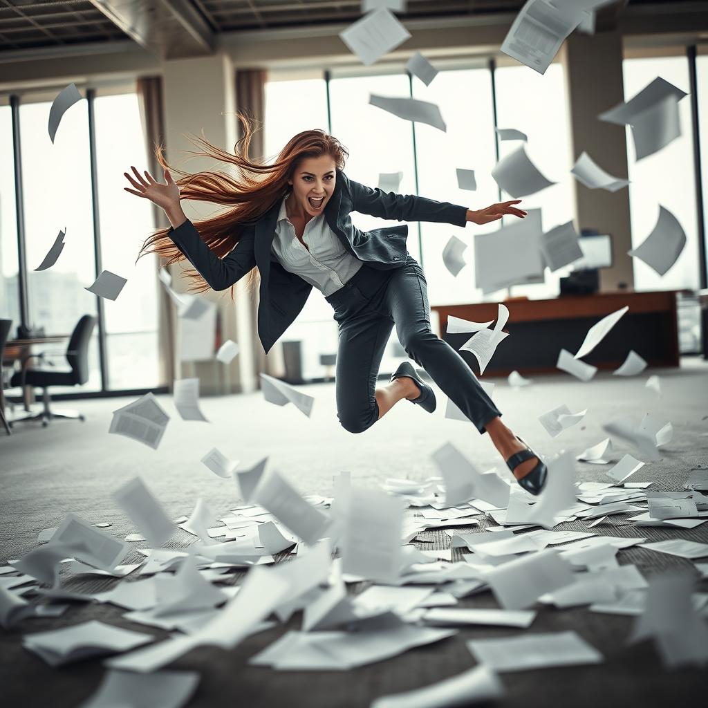 A dramatic scene capturing a young woman in mid-fall, her body twisting in surprise as she trips over her own feet