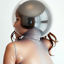 A beautiful woman showcased from the body to the hips, dressed in a very tight colorless semitransparent latex catsuit that elegantly hugs her figure