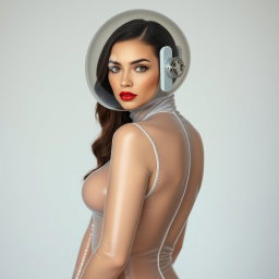 A beautiful woman showcased from the body to the hips, dressed in a very tight colorless semitransparent latex catsuit that elegantly hugs her figure