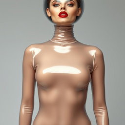 A beautiful woman showcased from the body to the hips, dressed in a very tight colorless semitransparent latex catsuit that elegantly hugs her figure
