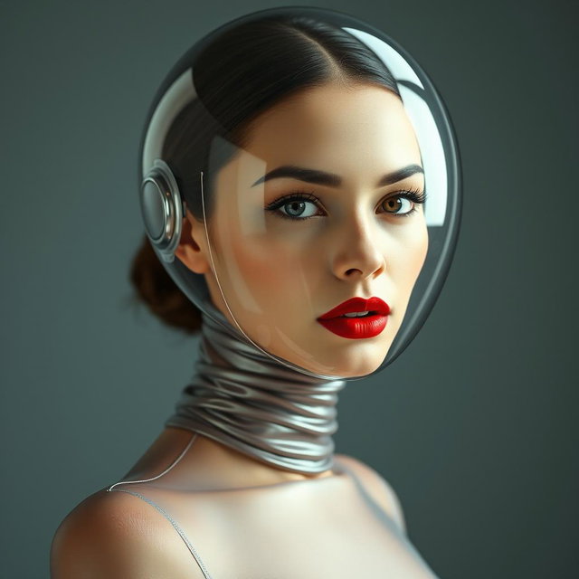 A beautiful woman showcased from the body to the hips, dressed in a very tight colorless semitransparent latex catsuit that elegantly hugs her figure