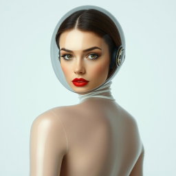 A beautiful woman displayed from the body to the hips, adorned in a very tight colorless sheer latex catsuit that clings to her form