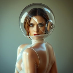 A beautiful woman displayed from the body to the hips, adorned in a very tight colorless sheer latex catsuit that clings to her form