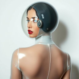 A beautiful woman displayed from the body to the hips, adorned in a very tight colorless sheer latex catsuit that clings to her form
