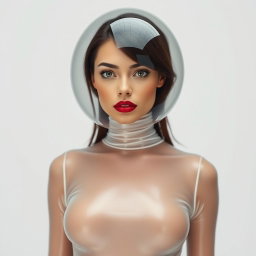 A beautiful woman displayed from the body to the hips, adorned in a very tight colorless sheer latex catsuit that clings to her form
