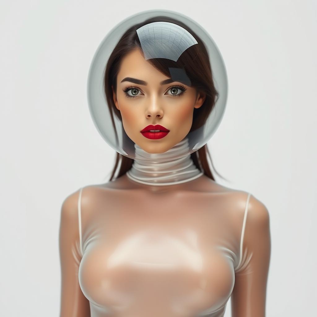 A beautiful woman displayed from the body to the hips, adorned in a very tight colorless sheer latex catsuit that clings to her form