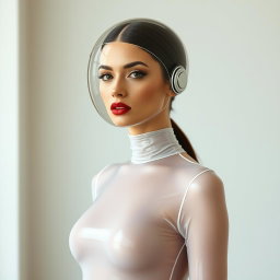 A beautiful woman with a very long neck, showcased from the body to the hips, dressed in a very tight colorless sheer latex catsuit that accentuates her hourglass figure