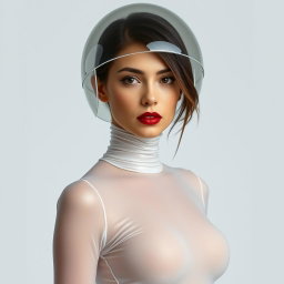 A beautiful woman with a very long neck, showcased from the body to the hips, dressed in a very tight colorless sheer latex catsuit that accentuates her hourglass figure