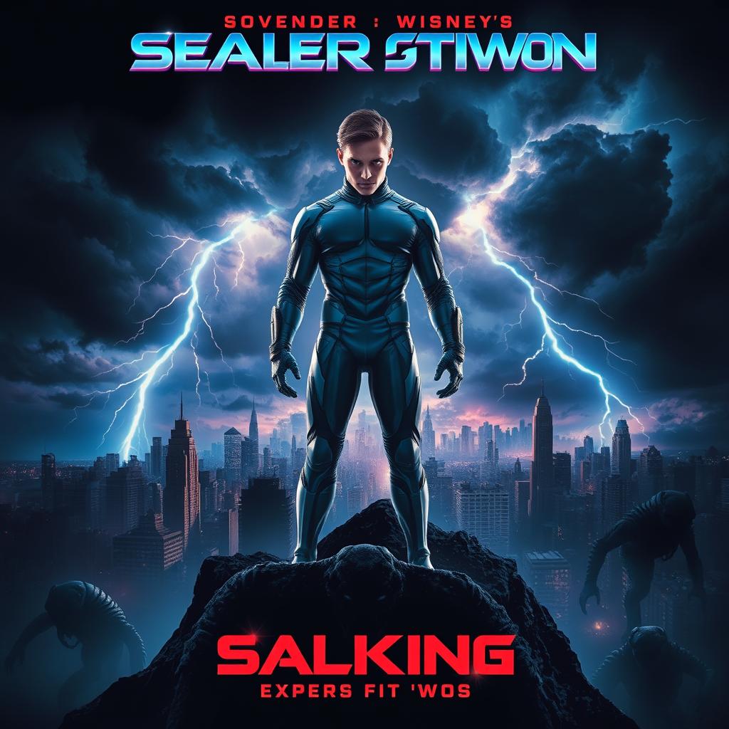 A dynamic and captivating movie poster featuring a heroic figure in the foreground, clad in a sleek futuristic suit, standing atop a crumbling cityscape