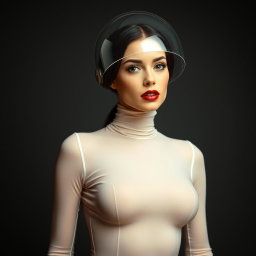 A beautiful woman with a very long neck, captured from the body to the hips, wearing a very tight colorless sheer latex catsuit that emphasizes her hourglass figure