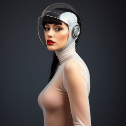 A beautiful woman with a very long neck, captured from the body to the hips, wearing a very tight colorless sheer latex catsuit that emphasizes her hourglass figure