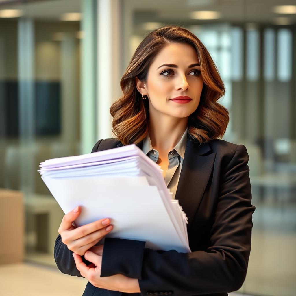 A confident office woman in her late twenties, holding a large stack of paper documents in one arm