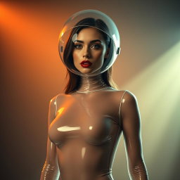 A beautiful woman with a very long neck, captured from the body to the hips, dressed in a very tight colorless transparent latex catsuit that enhances her hourglass figure