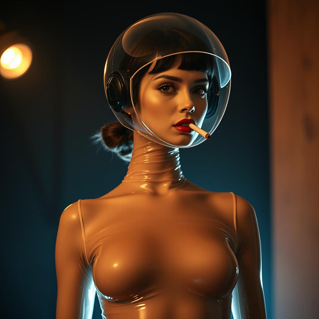 A beautiful woman with a very long neck, captured from the body to the hips, dressed in a very tight colorless transparent latex catsuit that enhances her hourglass figure