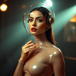 A beautiful woman with a very long neck, captured from the body to the hips, dressed in a very tight colorless transparent latex catsuit that enhances her hourglass figure