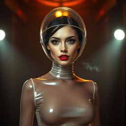 A beautiful woman with a very long neck, captured from the body to the hips, dressed in a very tight colorless transparent latex catsuit that enhances her hourglass figure