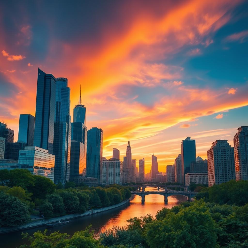a stunning city skyline at sunset, featuring tall skyscrapers reflecting warm hues of orange and pink, with a vibrant sky, lush green parks in the foreground, and a calm river running through the city, creating a serene atmosphere, detailed architecture, and a few scattered clouds