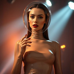 A beautiful woman with a very long neck wearing a tight, colorless, transparent latex catsuit
