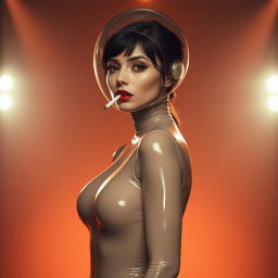 A beautiful woman with a very long neck wearing a tight, colorless, transparent latex catsuit
