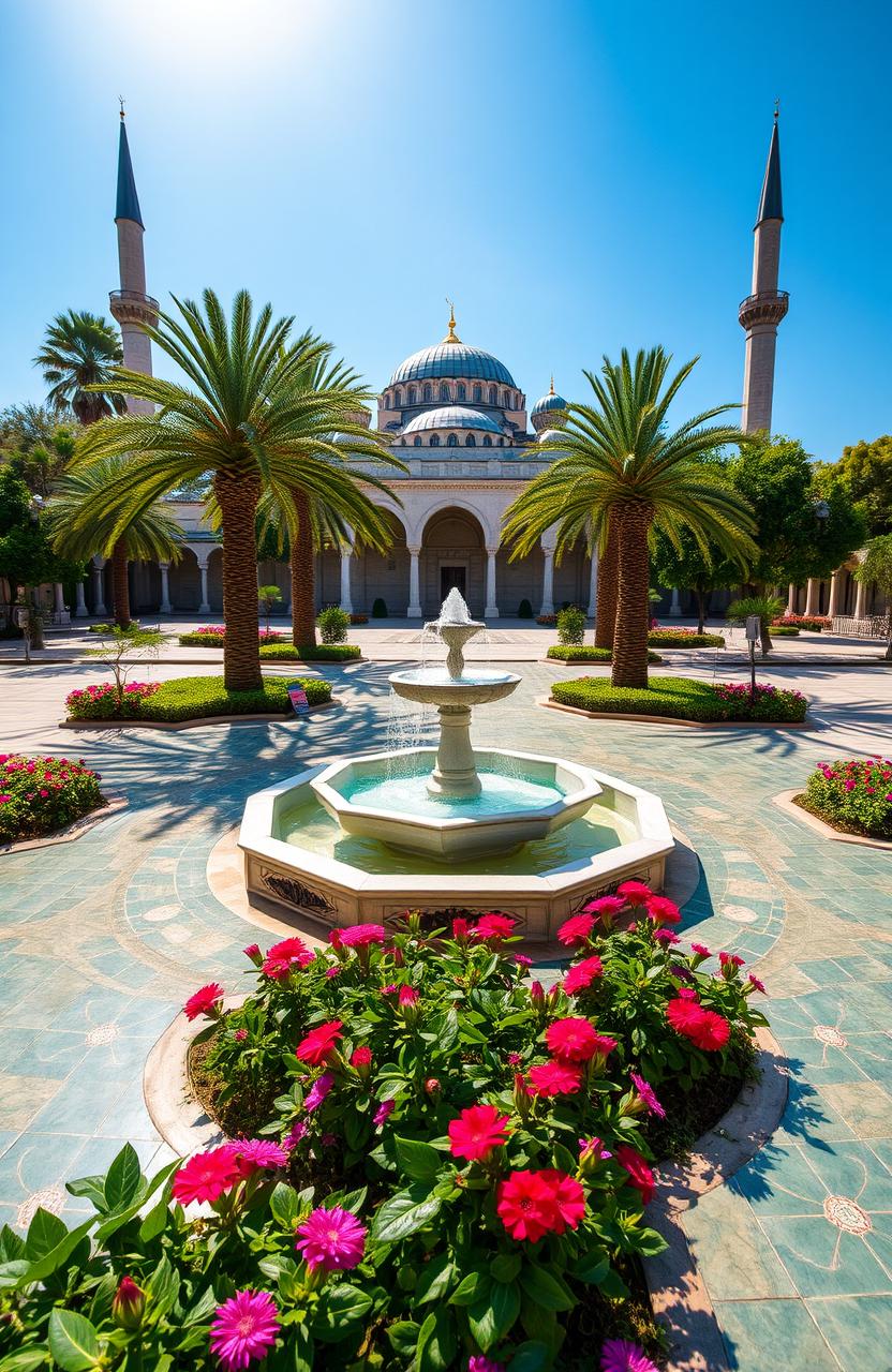 A beautiful and serene Islamic garden with intricate tile work and lush greenery