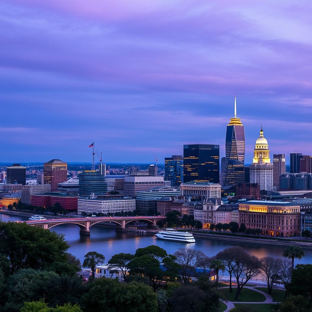 a breathtaking city skyline at dusk, showcasing modern and historical architecture, illuminated buildings, and a lively atmosphere under a twilight sky filled with soft purple and blue hues, reflections shimmering on a river, enchanting lights glimmering, with trees and a small park in the foreground, capturing the essence of urban life